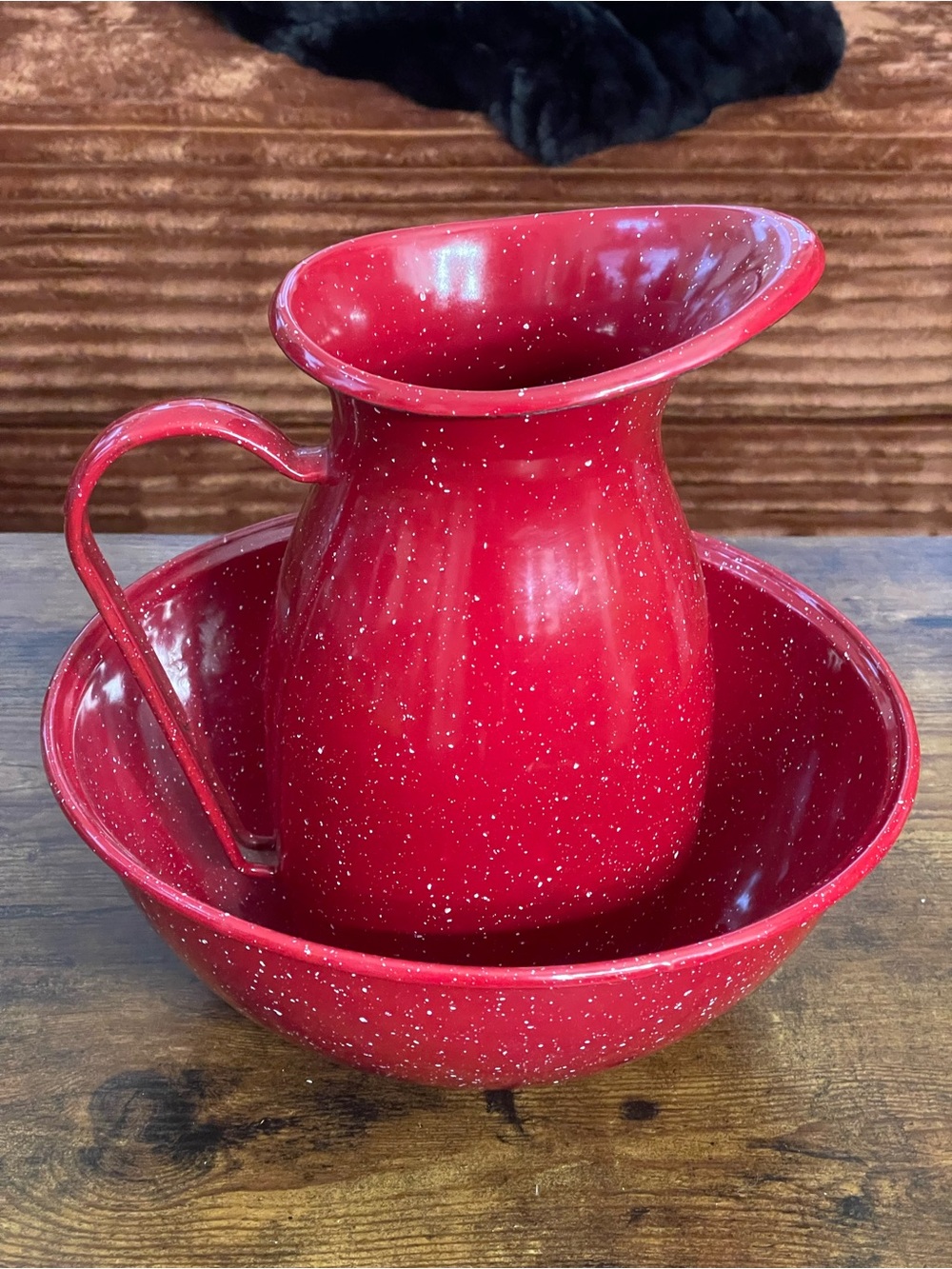 POTTERY BARN Enameled Red Speckled Farmhouse Pitcher Set